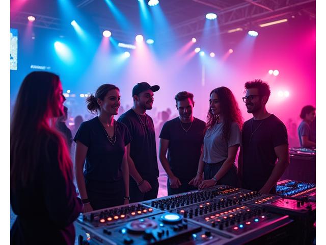 Diverse Sonic Bloom Events team looking energetic and collaborative at a festival control booth.