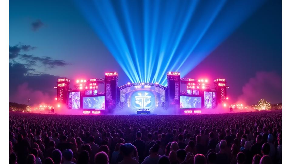 Panoramic view of a large outdoor music festival stage with vibrant lights and a massive crowd.
