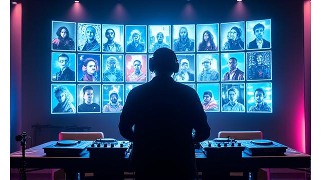 Creative shot of a DJ performing in a studio with virtual audience screens behind them, showing global reach.