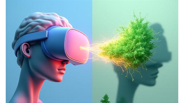 Person wearing a VR headset enjoying an immersive virtual music experience, next to a 'green event' logo.