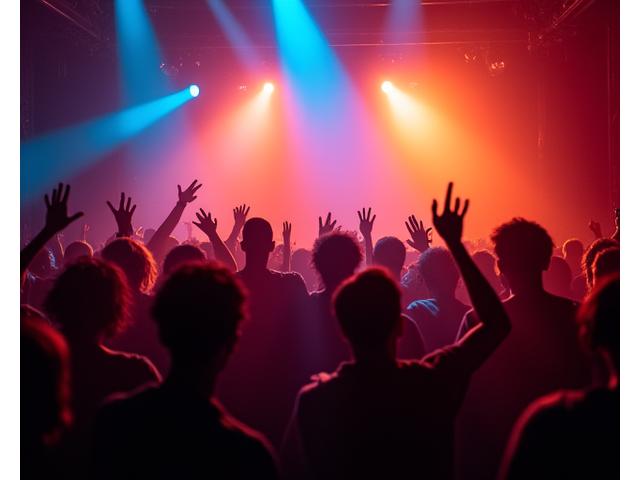 Energetic crowd jumping to bass music in a dark venue with vibrant, aggressive lighting.