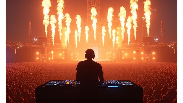 International electronic music headliner performing on a massive festival stage with pyrotechnics.
