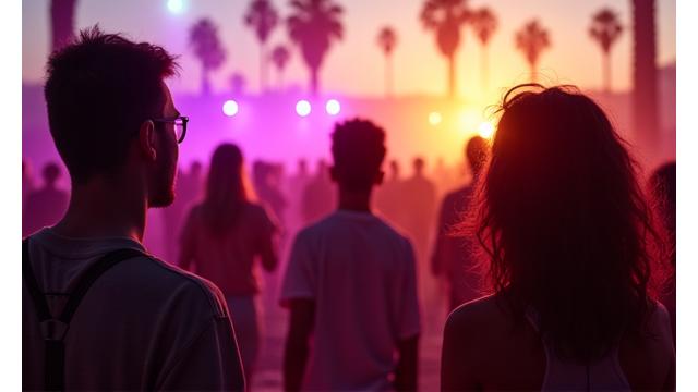 Silhouette of a local Los Angeles DJ playing to a vibrant, multi-ethnic crowd at an outdoor evening event.