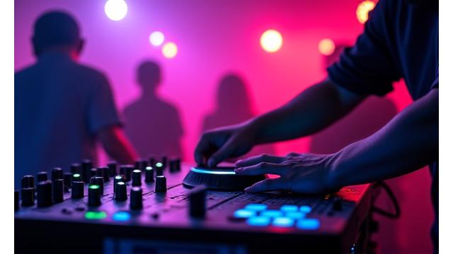 Energetic rising electronic music DJ performing at an intimate club, close-up on their hands on the mixer.