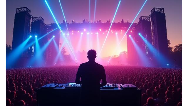 A spotlighted DJ 'Atlas Echo' captivating a large festival crowd at sunset.