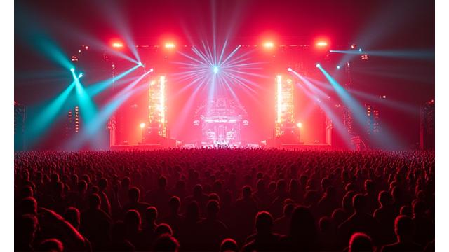 A massive crowd at a sold-out 'Pulse Miami' event, light show illuminating the atmosphere.