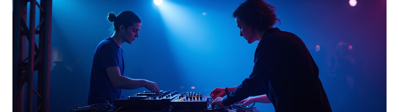 A professional event crew member assisting a DJ backstage, showing efficient and calm coordination.
