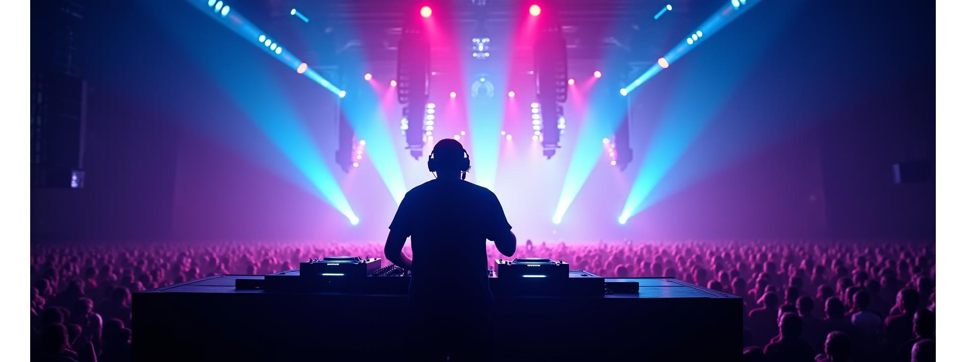 Dynamic shot of a DJ performing on stage with laser lights and a large, energetic crowd, representing premium artist booking.