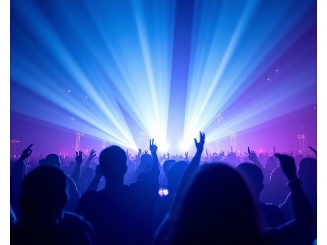 Dreamy, ethereal light beams cascading over a festival crowd, symbolizing trance music.
