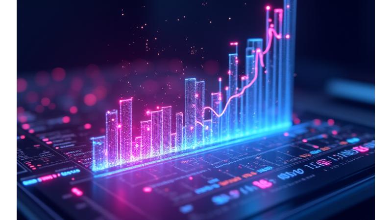 Vibrant, illuminated charts and graphs depicting positive marketing performance, projected onto a dark, futuristic analyst desk.