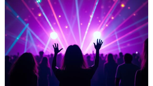 Crowd silhouetted against a laser light show at an electronic music event.