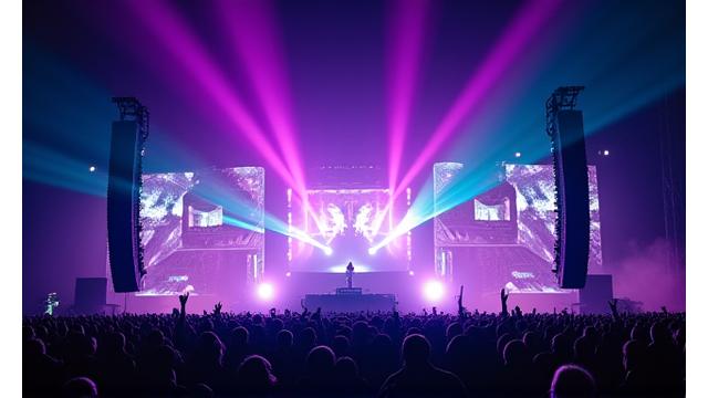 Cinematic shot of a DJ performing on a large festival stage with intense lighting and visuals.