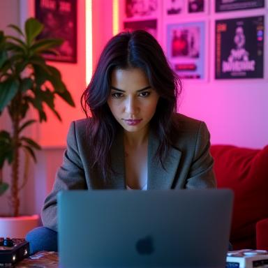 Female electronic music blogger writing on a laptop in a vibrant, artistic studio space.