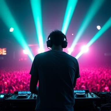 Close-up of a DJ performing at an outdoor music festival, lights and crowd blurred in background.