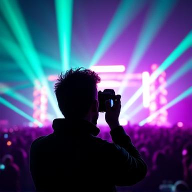 Photographer at an electronic music event, capturing vibrant light visuals and crowd energy.