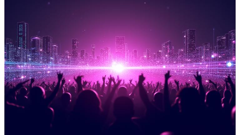 Abstract depiction of digital marketing data streams converging to form a vibrant sound wave, with illuminated audience silhouettes in the background.