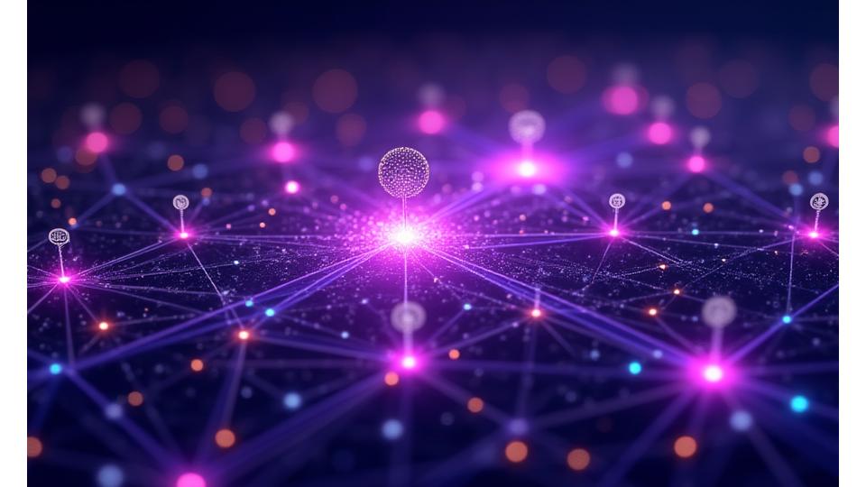 Abstract visualization of interconnected digital marketing tools and platforms, glowing with neon lines against a dark background.