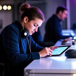 Backstage scene with artist liaison organizing flight and accommodation details on a tablet
