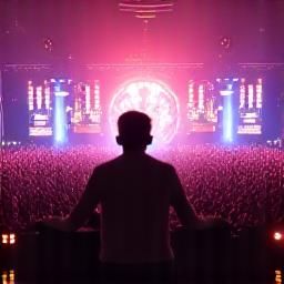 Renowned DJ performing an electrifying set on a massive festival stage with lights and smoke