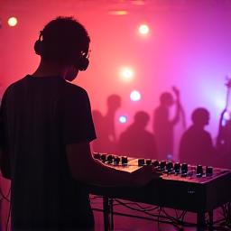 Up-and-coming electronic music artist passionately performing to an engaged club crowd