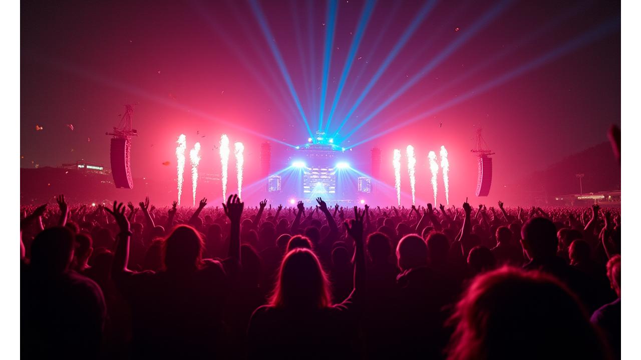 Massive outdoor electronic music festival crowd with vibrant stage lights and lasers at night in Los Angeles