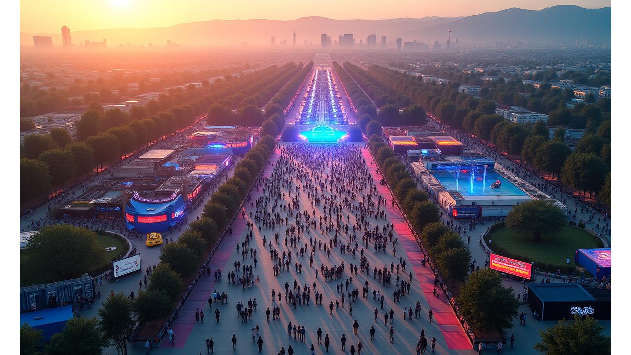 Aerial view of a multi-stage festival ground buzzing with activity under the California sun
