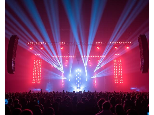 Complex festival lighting rig with dozens of moving heads, lasers, and LED effects over a stage