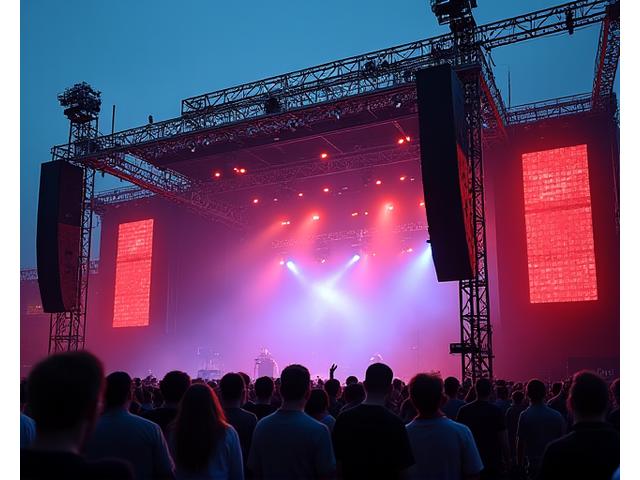 Massive festival sound system with multiple speakers suspended from a truss structure overlooking a crowd