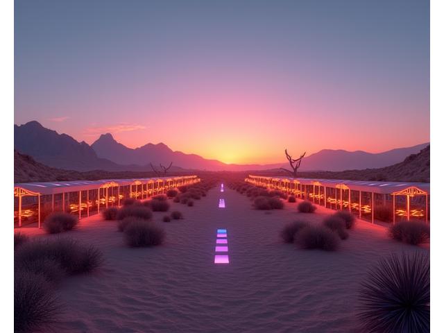 Expansive desert landscape transformed into an electrifying festival site at sunset with distant mountains