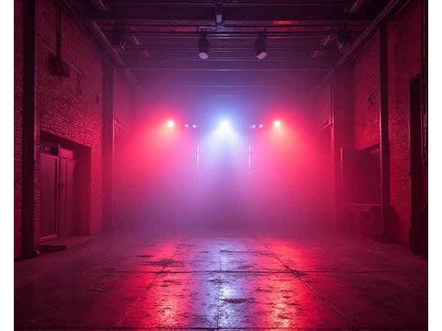 Gritty industrial warehouse interior illuminated by vibrant electronic music lighting
