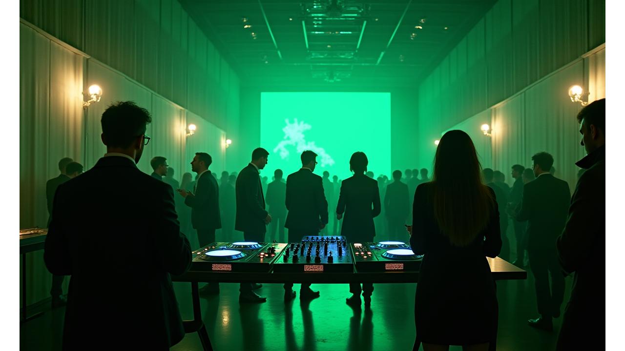 Professional corporate event with a DJ performing on a stage lit with company branding colors