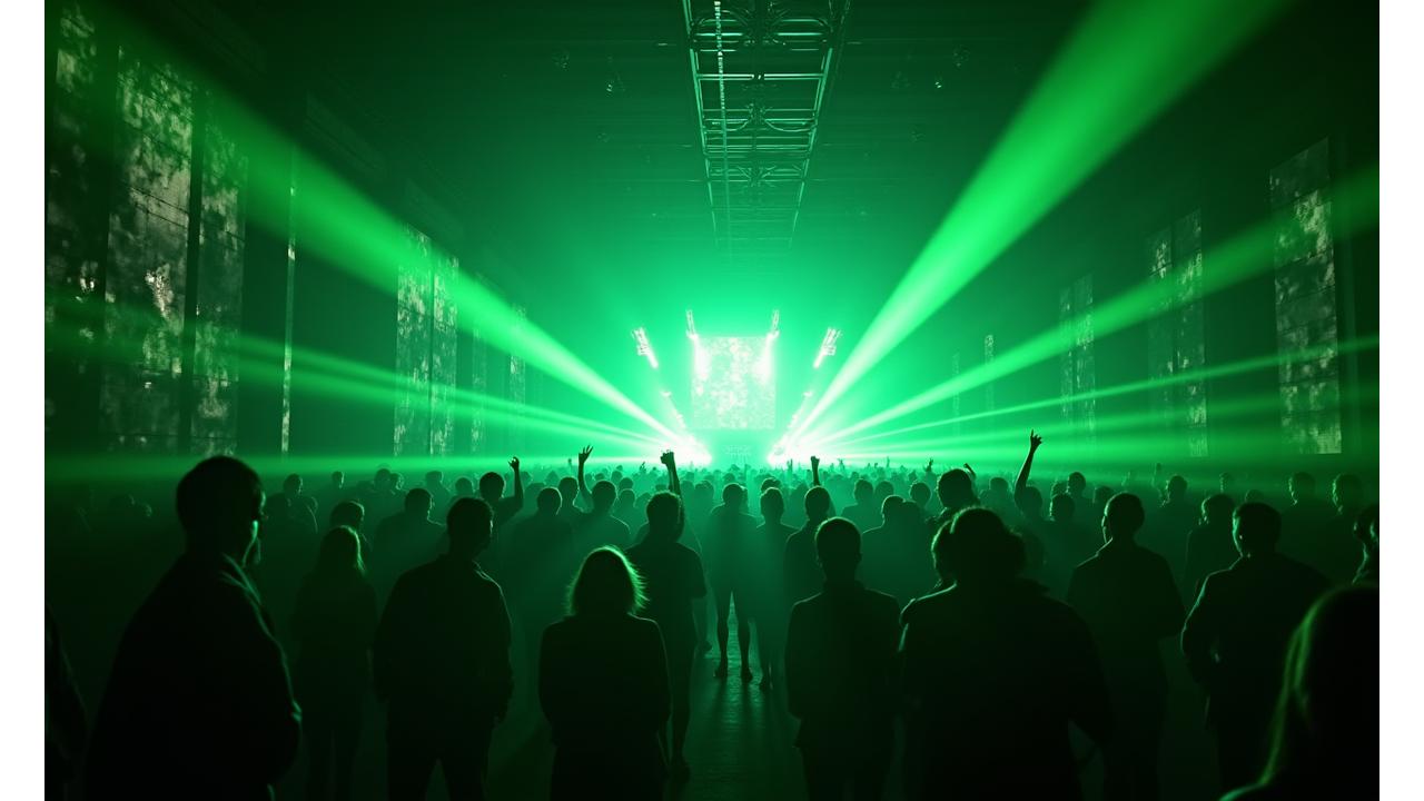 Transformed industrial warehouse space into an immersive rave with projected visuals and dense fog