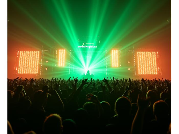 Large-scale electronic music festival crowd with vibrant stage lights