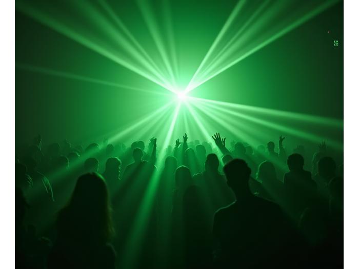 Underground rave with laser lights and energetic dancers