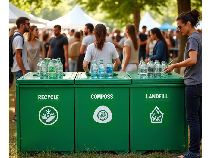 Recycling bins and green initiatives at an outdoor music event