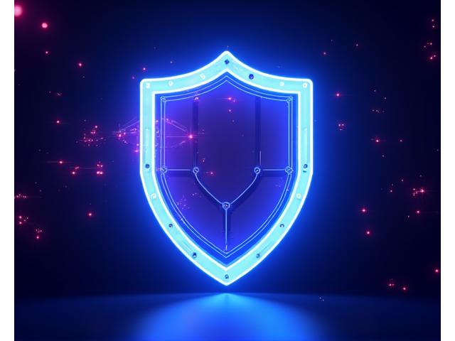 Stylized neon shield symbolizing data protection with abstract sound waves.