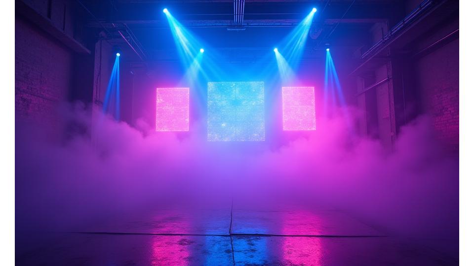 After: The same industrial warehouse transformed into a vibrant rave space with intricate laser light patterns, atmospheric smoke, and a large sound system