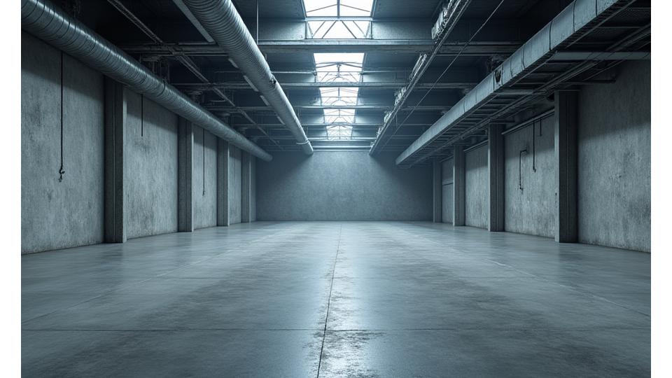 Before: A drab, empty industrial warehouse space with concrete floors and high ceilings