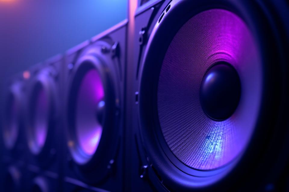 High-fidelity sound system speakers glowing with purple and blue light in a dark club setting