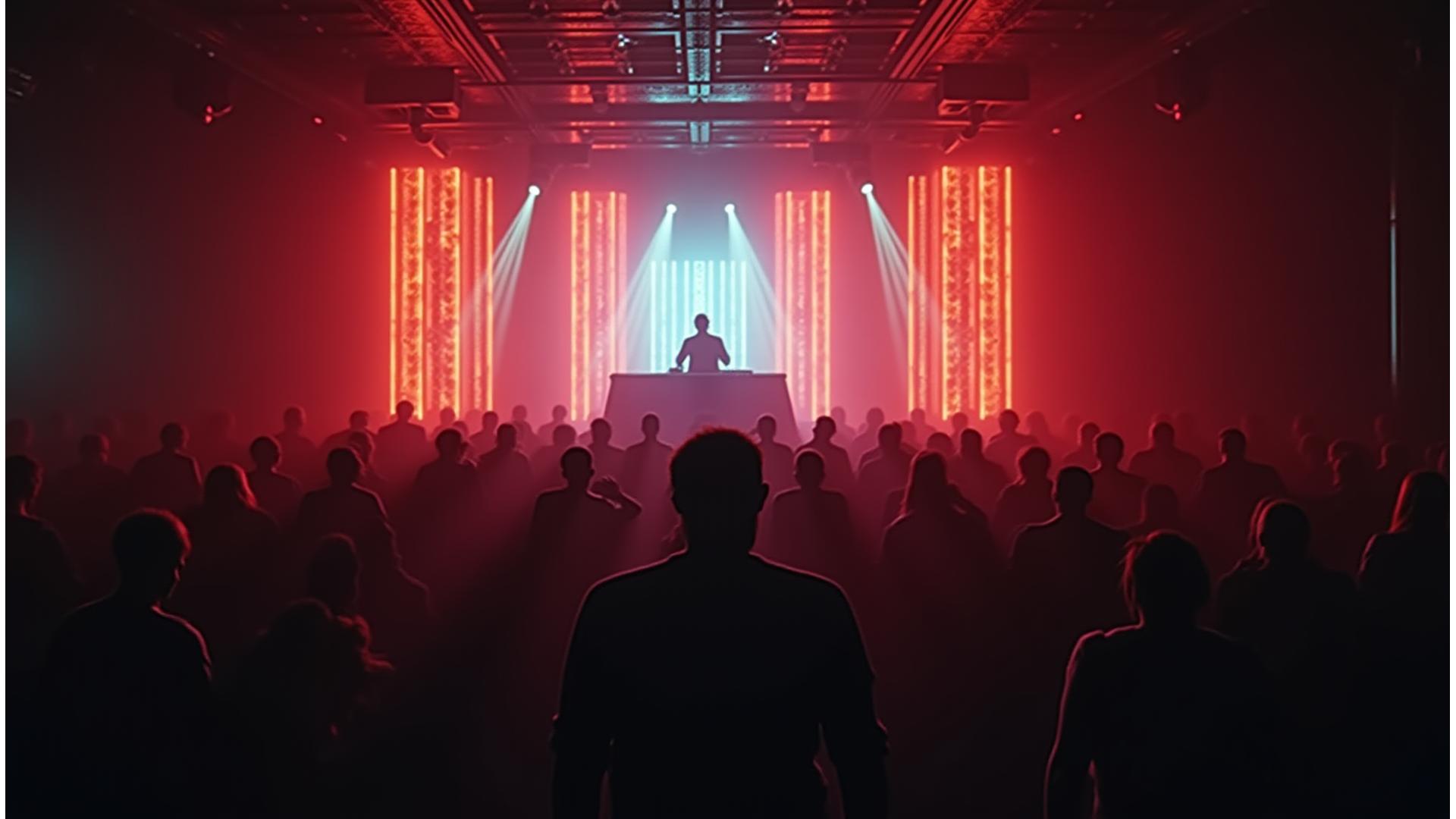 DJ energizing a packed, dimly lit underground rave with pulsating neon lights and smoke