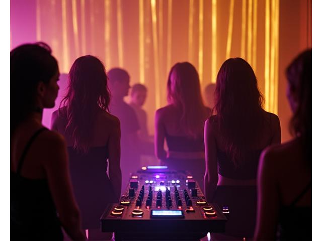 A small, exclusive group of well-dressed individuals enjoying a private electronic music party in a luxurious setting