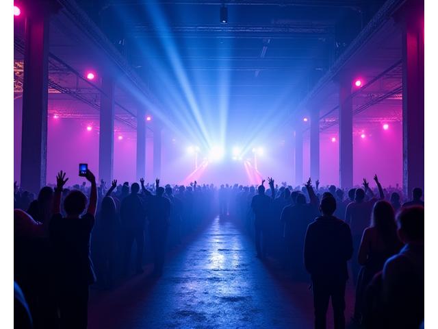 Energetic crowd dancing in a vast, dark warehouse at a rave party, laser lights cutting through smoke