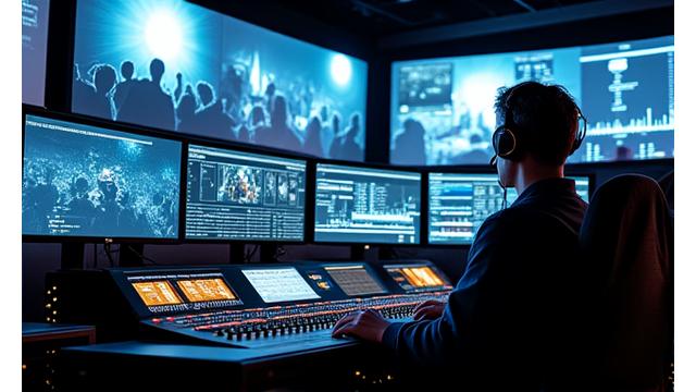 Control room setup with multiple screens displaying live camera feeds, visual effects software, and audio waveforms, with a person operating a mixing board, representing hybrid event real-time production.