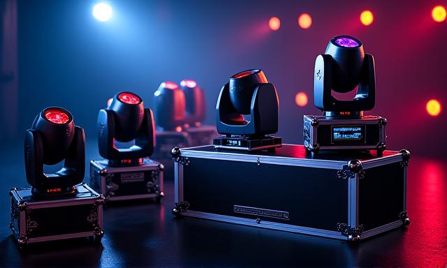 Assortment of modern stage lighting fixtures, including moving heads, LED bars, and a laser projector, all packed in flight cases, ready for an event.