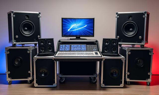 Collection of high-end audio equipment including a large digital mixing console, line array speakers, and robust subwoofers neatly arranged in a professional touring case, ready for deployment.