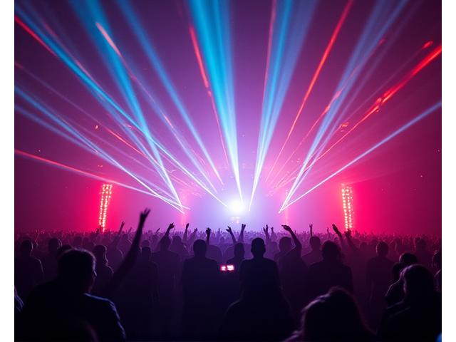 A dazzling array of colorful laser beams shooting across a dark concert venue, creating abstract geometric patterns above a dancing crowd, synchronized to electronic music.