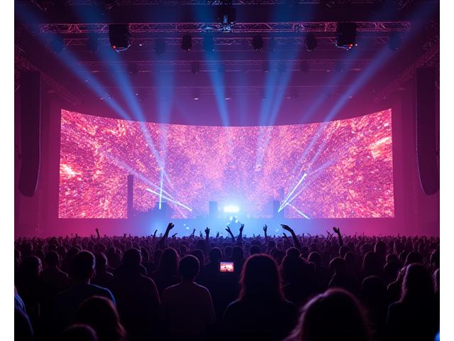 Massive LED video wall displaying abstract, vibrant electronic visual patterns, perfectly synchronized with music in a dark concert hall, with moving lights complementing the display.