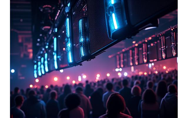 Close-up of a large-scale line array speaker system rigged high above a festival crowd, emitting powerful sound waves.