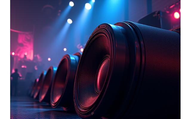 Multiple large subwoofers emitting rhythmic digital sound waves in a dark club environment, showcasing powerful bass frequencies.