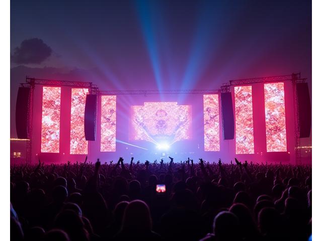 Panoramic view of a large-scale electronic music festival main stage at night, lit by vibrant, dynamic LED screens and powerful moving lights, a massive line array sound system visible on either side of the stage, creating an immersive atmosphere for a large crowd.